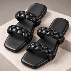 YOHO Women's Knotted Flat Black Braided Slide Sandals with Padded Footbed & Anti-Slip TPR Sole