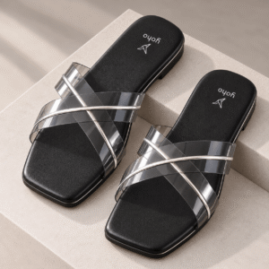 YOHO Women's Monochrome Flat Black Slide Sandals with Glitter Transparent Strap & Anti-Slip TPR Sole