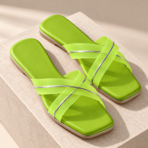 YOHO Women's Monochrome Flat Green Fashion Slide Sandals with Glitter Transparent Strap & Anti-Slip TPR Sole