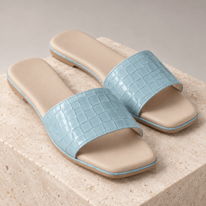 YOHO Women's Crocodile Flat Light Blue Slide Sandals with Padded Strap & Slip-Resistant TPR Sole